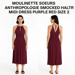 MOULINETTE SOEURS ANTHROPOLOGIE SMOCKED HALTER MIDI DRESS PURPLE RED SIZE 2